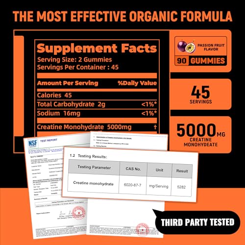 Image of NSF Certified Creatine Gummy - Creatine Monohydrate Gummies 5g for Men & Women - Boost Focus,Strength, and Endurance, Vegan, Gluten-Free, Non-GMO, 2.5 Gram Creatine per Gummy ( Passion fruit 90 ct)