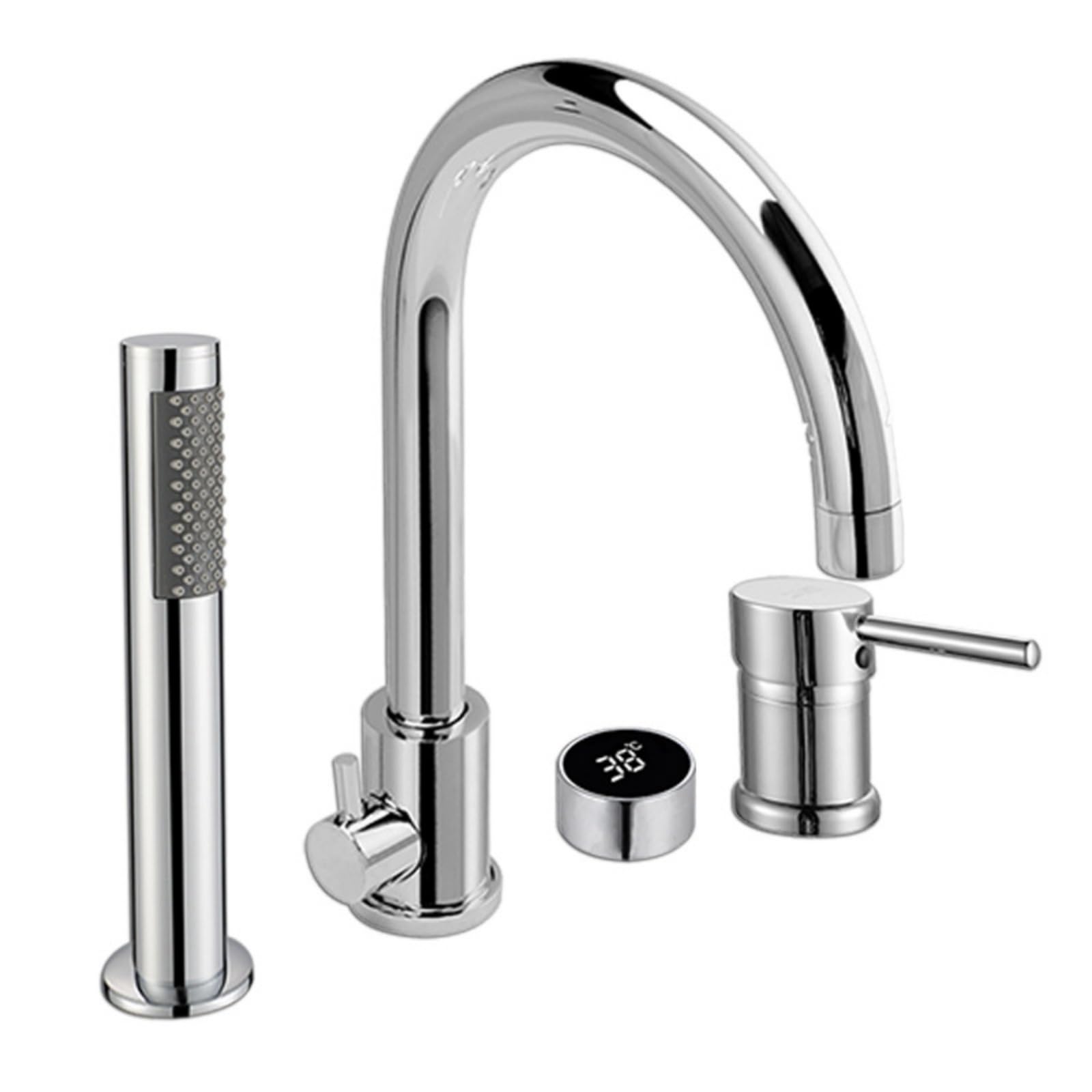 SBCGFY 3 Hole Bath Shower Mixer Tap Set - Black Gooseneck Faucet With Shower Head & Hose For Bathtubs - Chrome Finish, Stylish & Bathroom Fixture,Chrome