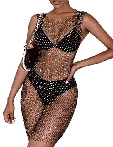 Lrady Vestido ajustado de malla transparente para mujer, manga larga, traje de baño, bikini, 10# blanco y negro, Large