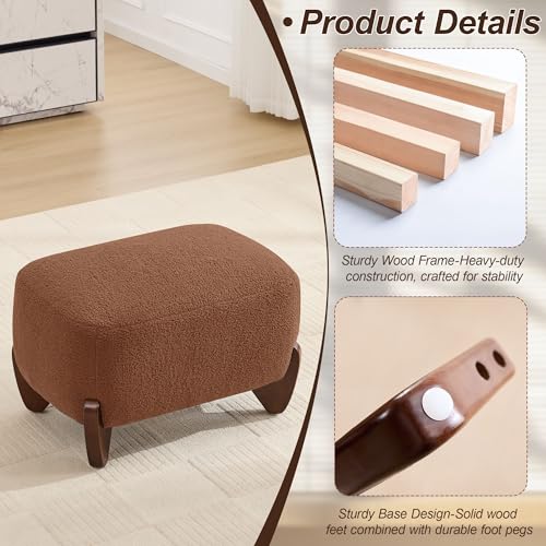 Image of WUTUTUEE 28.7 inch Sherpa Boucle Ottoman with Solid Wood Legs, Modern Upholstered Footstool, Comfy Ottoman for Living Room, Bedroom, Caramel
