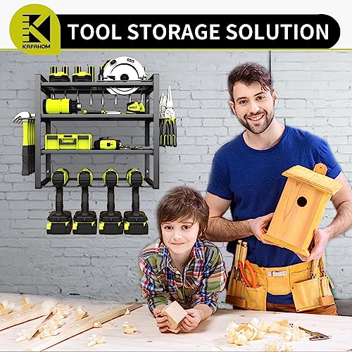 KAFAHOM Power Tool Organiser,4 Layer Drill Holders Wall Mount,Heavy Duty Metal Organisers and Storage Rack for Garage Organization,Tools Shelves with Screwdriver Plier/Hammer Holder, Black - Image 3