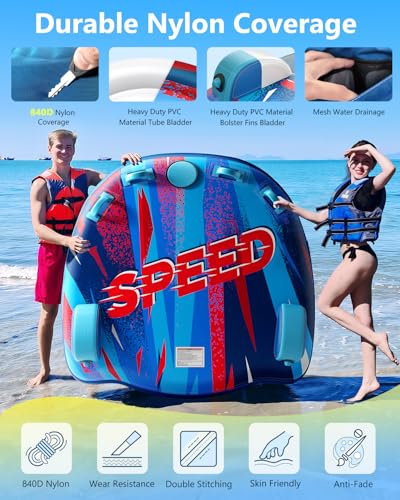 Sunrio 2025 Upgrade Towable Tubes for Boating 1-2 Riders Inflatable Water Sport Towable Tube for Boat Heavy Duty Nylon Cover with Zipper Bolster Fins Safety Air Valve Padded Handle