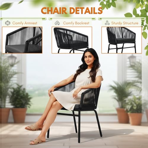 Image of DEVOKO Outdoor 3-Piece Rope Patio All-Weather Bistro Chair & Glass Top Tea Table for Balcony, Garden, Deck, Porch & Pool (Black & Black)