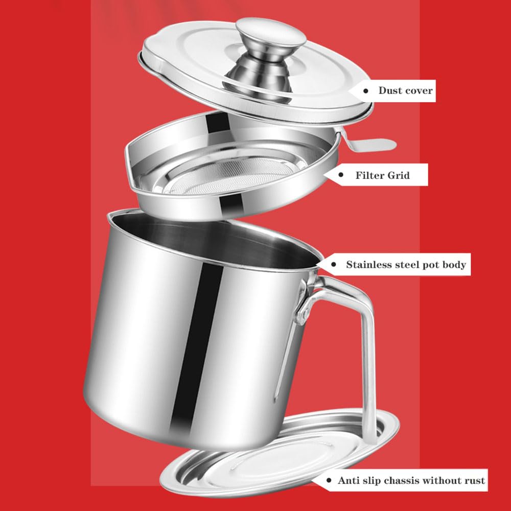Filtro dell'olio in acciaio inox con colino per cucina, contenitore per grasso per pancetta con coperchio antipolvere, adatto per conservare olio per friggere e grassi da cucina (dimensioni: 1,7 L)