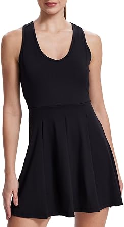 Womens Tennis Golf Dress, Pleated A-Line Racerback with Removable Padding & Detachable Shorts with Pockets