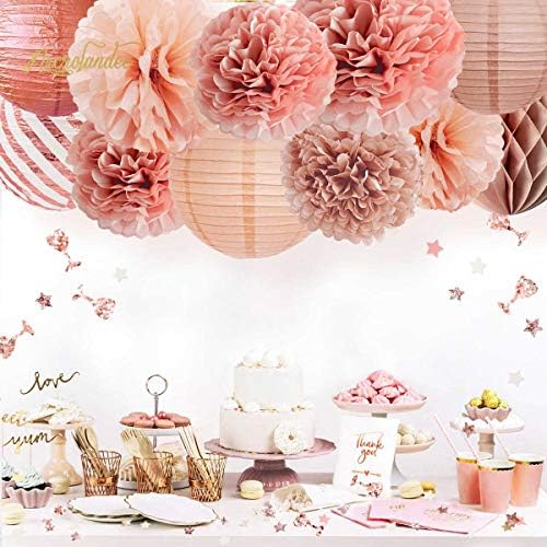 NICROLANDEE Rose Gold Decorations - 12PCS Rose Gold Paper Lanterns Flower Pom Poms with Glitter Confetti for Wedding Bachelorette Engagement Birthday Baby/Bridal Shower Decorations
