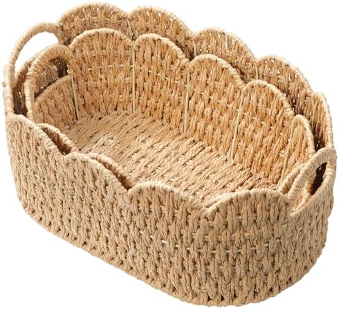 Paper Rope Scalloped Basket Set of 2,Woven Storage Baskets for Sh...