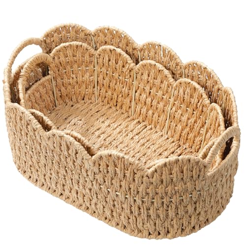 Coeusy Paper Rope Scalloped Basket Set of 2 Wicker Storage Baskets for Shelves Gifts Books Toys Cute Decor Rattan Baskets for Organizing Natural Color