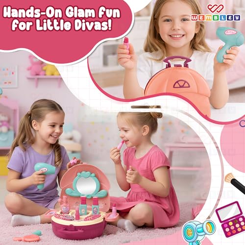 Image of Wembley Makeup Kit Set for Kids Ages 3-6 Year Old Girls | 2-in-1 Playset Portable Pretend Play Toy for Baby Girl | Safe and Non-Toxic | Lightweight Bag Style Kit | Birthday Gift for Girls of 3 to 6