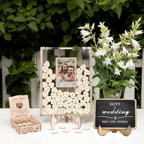 WOOLUCK® Libro de firmas Bodas con Mini Pizarra,Libro de Invitados Corazones de Madera para Boda con 80 Piezas de Corazones Maderas para Escribir
