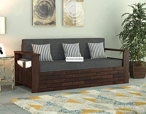 Image of Douceur Furnitures Solid Sheesham Wooden Sofa Cum Bed Queen Size with Storage for Living Room | Wooden Foldable 3 Seater Sofa Cum Bed with Headboard Folding Double Bed for Home Bedroom (Walnut)