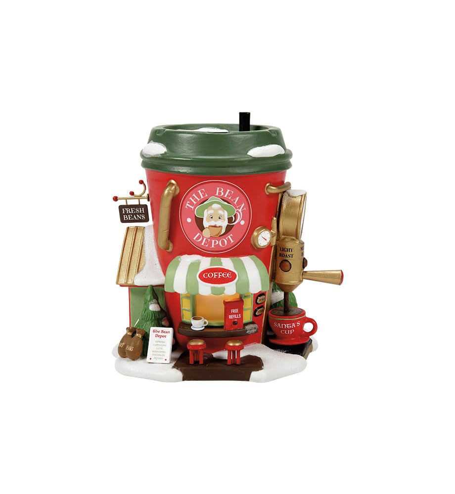 Department 56 North Pole Village Collection The Bean Depot Espresso Company Lit Building- Hand Crafted Painted Porcelain Coffee Shop Christmas Village Houses with Lights Home Decor Buildings, 5.5 Inch