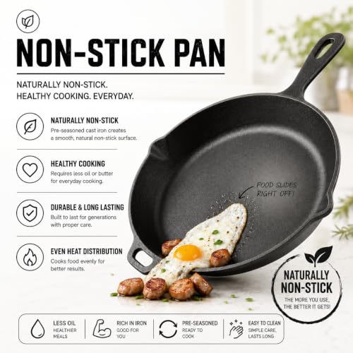 Image of Esspy Pre-Seasoned Cast Iron Frying Pan | 10inch / 1.9L / 4-5 People | Toxin Free | No-Chemical Coating | Skillet for Frying, Searing, Sauteing, Baking, Roasting | Cast Iron Cookware