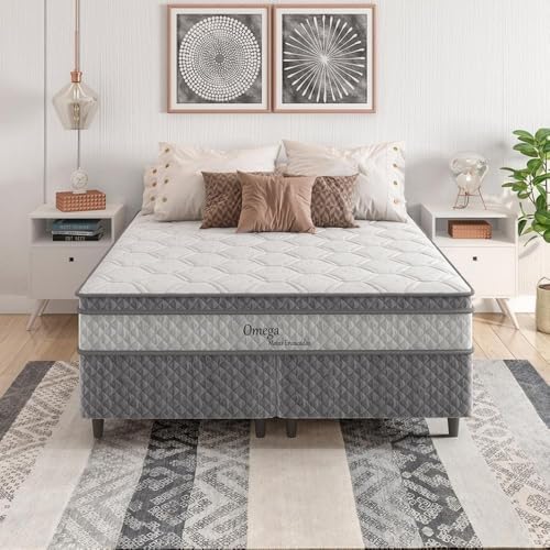 Herval Cama Box Queen Size Ômega com Pillow Top e Molas Ensacadas, Cinza, 158x198x60 cm, Base Bipartida