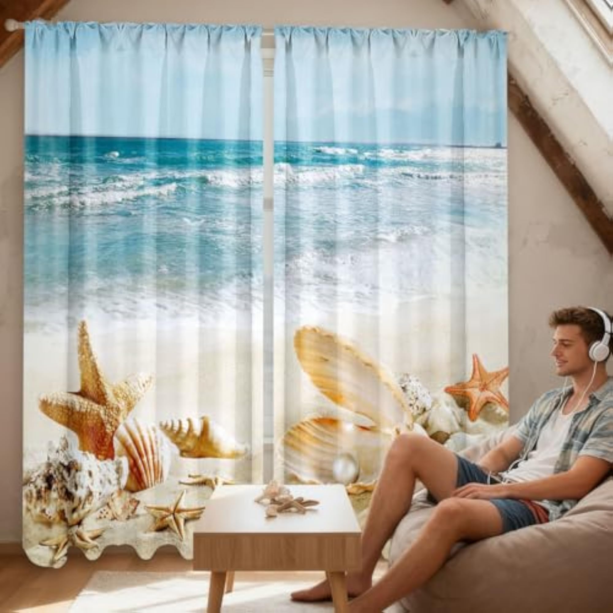 2 Pcs Summer Curtains for Living Room Ocean Beach Shell Starfish
