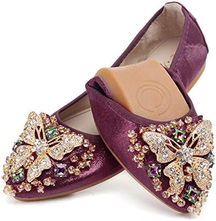 Womens Ballet Flats Foldable Rhinestone Pointed Toe Comfortable Slip on Wedding Flat Shoes Dress Flats for Women Red Size 10.5