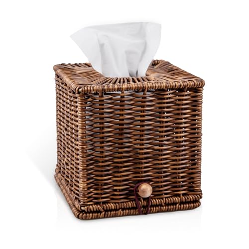 Rattan Tissue Box Cover Square Natural Woven Decorative Rectangle Tissue Box Holder Bathroom Napkins Roll Paper Face Towels Organizer on Table Rustic Boho Decorative 5.5 X 5.5 X 5.9in