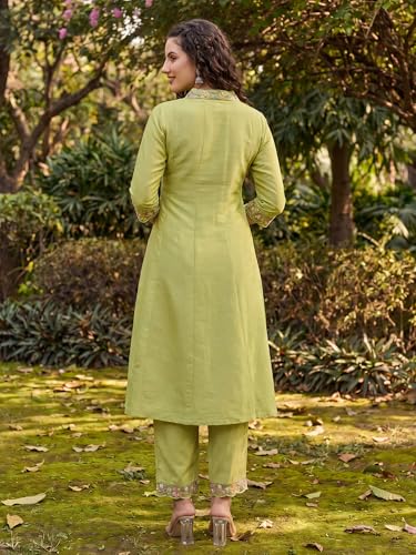 Image of INDO ERA Women's Silk Blend Floral Embroidered Thread Work Kurta & Pant with Dupatta Set