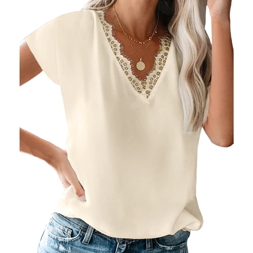 Coloody Camisas Mangas Corta de Encaje para Mujer Pestañas con Cuello en v Tops