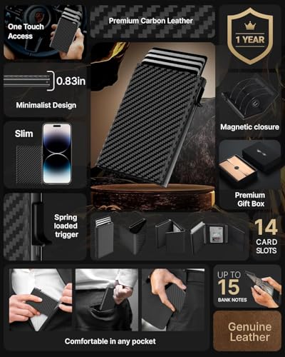 Image of Mens Wallet Card Holder: Genuine Leather, Smart, RFID Blocking, Slim, Pop Up Aluminum Case, Minimalist, Front Pocket - 9-14 Card Capacity, ID Window, Cash Slot (Minimalist Carbon Fiber Black)