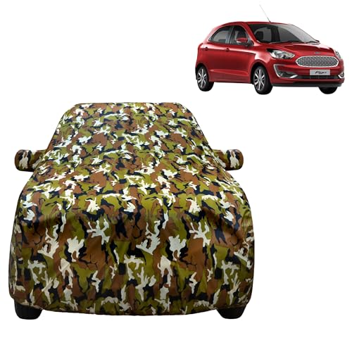 Image of VYAS 100% Waterproof Car Body Cover for Ford Figo (2010-2021) with Mirror Pocket Triple Stitched Belt & Buckle Fitting Dual Elastic, Durable Material Jungle Print Camouflage Design