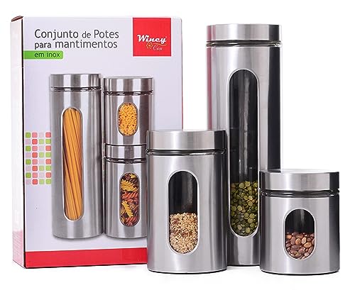 Conjunto 3 Potes Porta-Mantimentos 1750ml/940ml/635ml Inox Com Tampa Herm&eacute;tica - Wincy - IXB01013