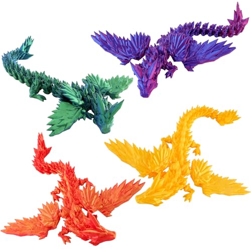 TAIHOBO Dragon Imprimé en 3D, 4 Pièces Dragon Jouet en 4 Couleurs, Figurine Dragons de Cristal Articulé Durable, Dragons Articulé Imprimé en 3D, pour la Décoration du Bureau et de la Maison
