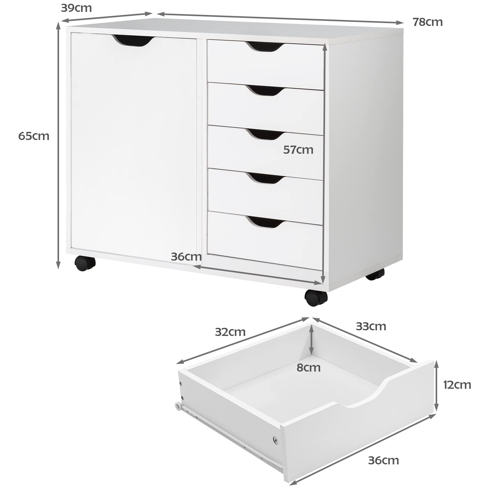 GOPLUS Cajonera con Rueda y 5 Cajones, Cajonera Escritorio de Madera, Armario Archivador Móvil de Oficina, Organizador de Archivos con Freno, Gran Capacidad, para Oficina, 78x39x65cm (Blanco)