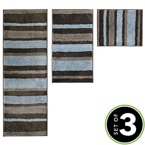 Mdesign Assorted Microfiber Striped Rugs For Bathroom Vanity, Tub/Shower - Water Absorbent, Machine Washable Bath Mats - Includes Soft Non-Slip Mat In 3 Sizes - Set Of 3 - Mocha/Gray #TOP1