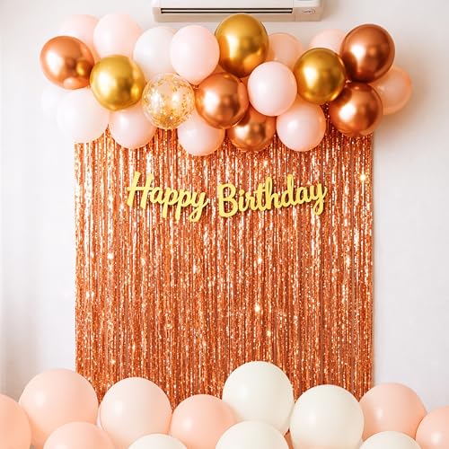 Image of The FOMO Factory Rose Gold Birthday Decoration Kit | Metallic Rose Gold Balloon Arch, Foil Curtains, HBD Banner | Complete 53Pcs Balloon Decoration Kit for Parties, Events, Birthdays, Wedding (Rose53)
