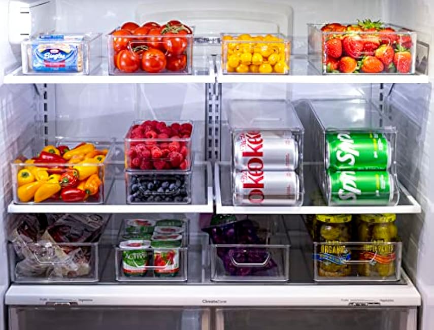 Munfix Set Of 16 Refrigerator Organizer Bins - Plastic Pantry Organization and Storage Baskets - Stackable Food Fridge Organizers with Cutout Handles for Freezer, Kitchen, Countertops, Cabinets