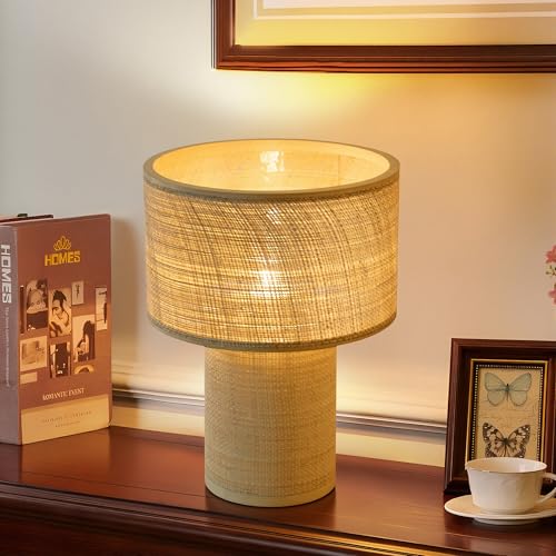 Image of 15 inch Small Table Lamp for Bedroom, Boho Bamboo Bedside Lamps for Nightstand | Farmhouse Desk Lamp for Living Room, End Tables, Kids Room, Home Decor, Office, Handwoven Shade, E26, Natural