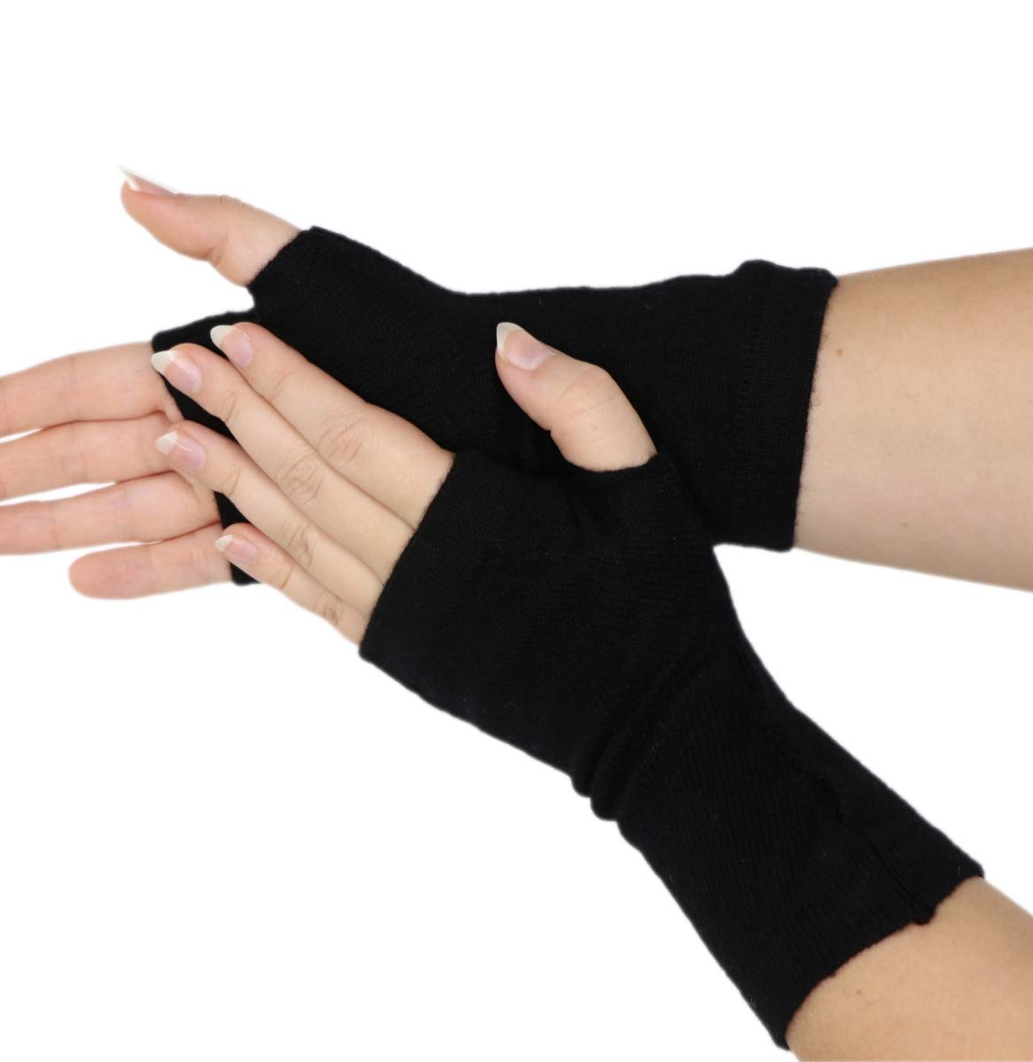 Prettystern Woman 100% CASHMERE Wool soft Fingerless Half-Finger Gloves Wirst Warmers Gauntlets cuffs plain Colour - black