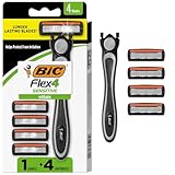BIC Flex 4 Refillable Razors for Men, Long-Lasting 4 Blade Razors for Sensitive Skin, 1 Handle and 4 Cartridges, 5 Piece Shaving Kit