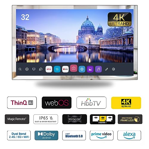 Soulaca 32 Zoll 4K UHD Smart TV für Badezimmer,Digital/Analog-Tuner, Mirror Panel, Magic Remote, wasserdicht, Netflix, integrierte Lautsprecher,2023 Modell – Bild 3