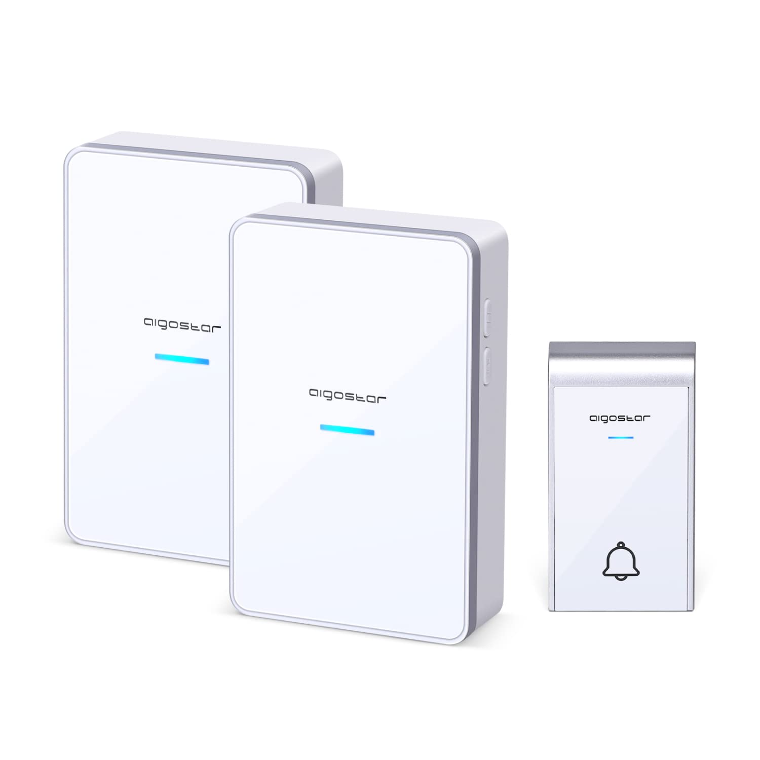 Aigostar White Silver Wireless Doorbell 36 Melodies+3 Volume Levels, 150M/500Ft, 2 Battery Opperated Receivers With Blue Light Indicator 1 Waterproof Transmitters,