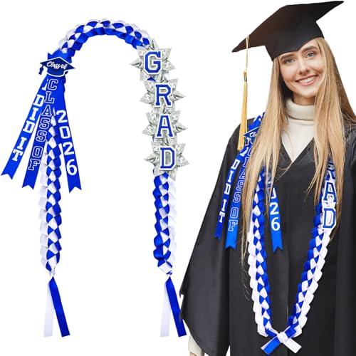 Knitgrip 63 Graduation Ribbon Lei Necklace Class of 2026 Handmade Double Braided Money Lei with Tassel Graduation Gifts(Blue White)