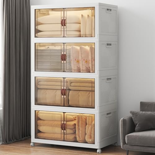 UAMFURI Extra Large Stackable Storage Bins with Lids & Wheels & Door, 660QT-165QT/41GAL*4Pack Foldable Collapsible Closet Organizers, Plastic Containers Drawers for Bedroom Dorm Garage