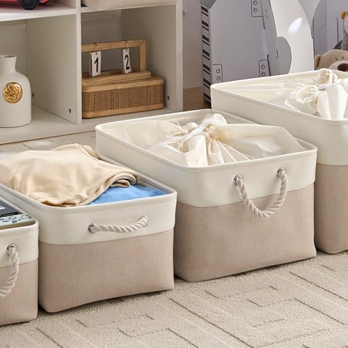 Mangata Aufbewahrungsbox Stoff,Klein Waschbare Aufbewahrungskorb, Korbe in Würfel für Schrank Regal und Kleidung(Hellbeige/Weiß, S, 1 Set)