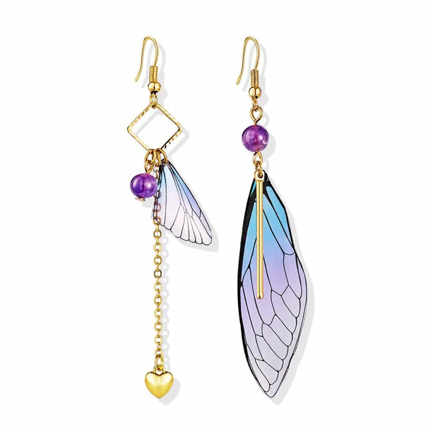 BELLA-BeeColorful Butterfly Wing Drop Dangle Earrings Gold Plated Unique Asymmetry with Pearl beads for Women Teen Girls