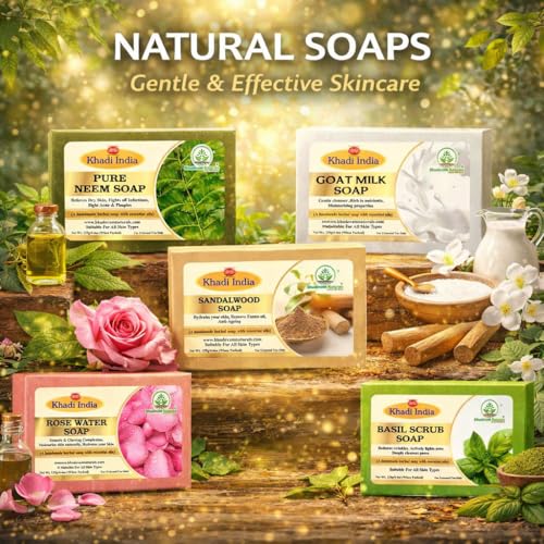 Image of Khadi Organic and Natural Handmade Bathing Soap for Men & Women | Assorted Herbal & Chemical-Free Face and Body Soap for Gentle Cleansing & Healthy Skin (Assorted Bathing Soap (Pack of 5))