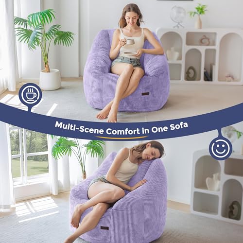 Image of MAXYOYO Bean Bag Chair, Bean Bag Sofa with Filler, Cozy Living Room Chair for Adults and Kids, Stuffed Floor Sofa for Bedroom Dorm Reading, Purple