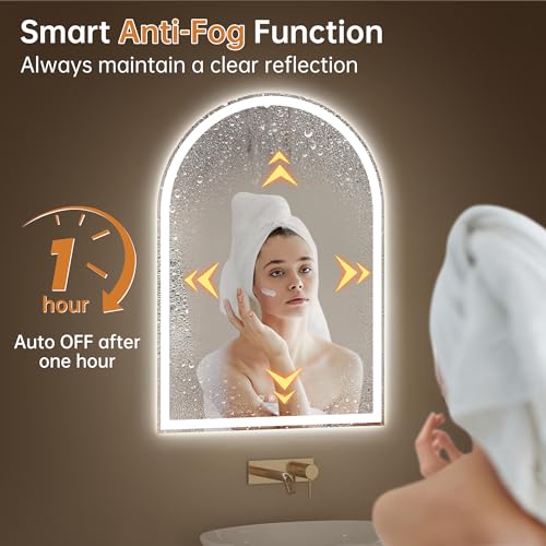 Image of Arched Bathroom Mirror with Lights 28 inchx40 inch- Frameless LED Mirror for Bathroom, Fogless, Dimmable, 3 Color Changing, Shatterproof, Touch Sensor
