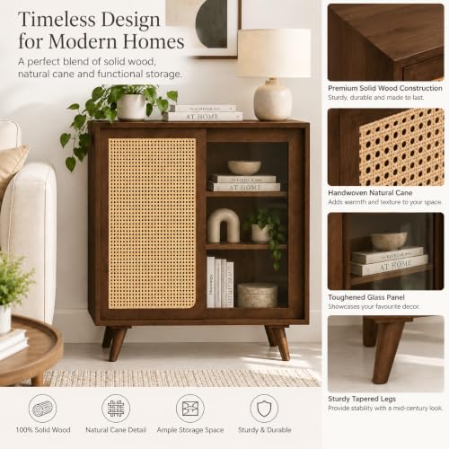 Image of The Attic INES Cabinet, Coffee Table for Living Room, Solid Wood Centre Table with Cane with Sliding Doors, Natural Finish