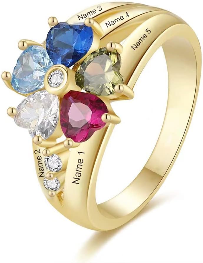 10K 14K 18K Solid Gold Personalized Mother Ring For Mom Customized Gold 1-6 Birthstone Rings Custom Gold Name Mother Rings Jewelry Gift for Mother's Day Birthday
