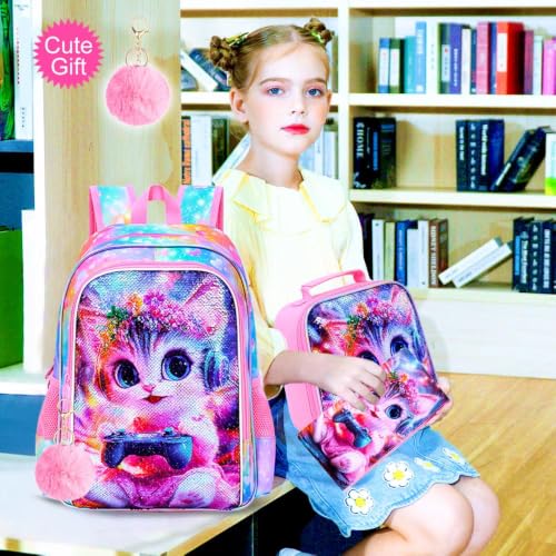 Image of CCJPX 3Pcs Cat Backpack for Girls, 16 inch Kids Sequin Bookbag with Lunch Box, Cute Water Resistant Schoolbag for Preschool Kindergarten Toddler(Pink)