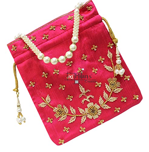 MILAN'S CREATION : Pearl & Zardosi Potli Bag Hand Embroidery Drawstring Potli Women's Handbag Purse With Pearl Handle & Tassel Purse - Image 4