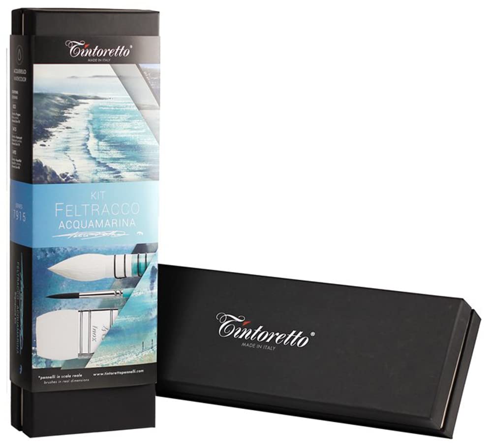 TINTORETTO Kit Pennellessa + Pennelli Punta Tonda per Acquerello Linea Feltracco ad Alta Tenuta - Set "Acquamarina" 3pz.