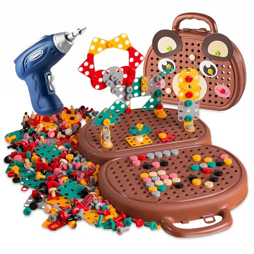 Image of Magic Montessori Play Toolbox with Drill, 203Pcs Magic Montessori Play Toolbox Bear-Themed, 2D/3D Creativity Tool Box Montessori Toys Gift for Age 3-12 Years Old Boys Kids, Girls