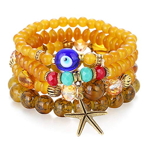 Beaded Bracelets Stackable Bracelets Bohemian Strand Stretch Bangles 4 Strings Bracelet Set, Starfish Charm